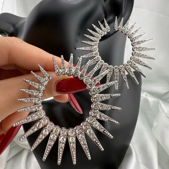 Lux! Silver Spike Rhinestone Hoop Earring – 40mm Statement Sparkle Circle - Picture 8 of 14